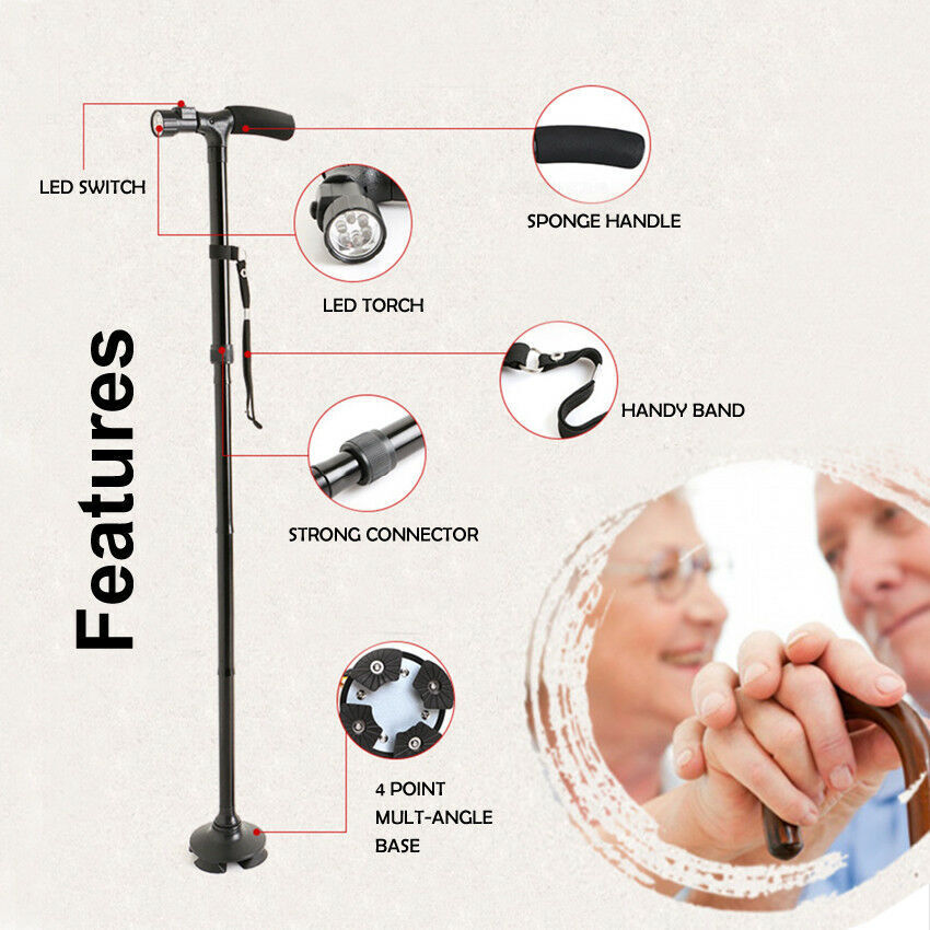 Supports & Braces: Walking Stick Cane Folding Handle Adjustable fixed LED Light Aid Holder Lighting