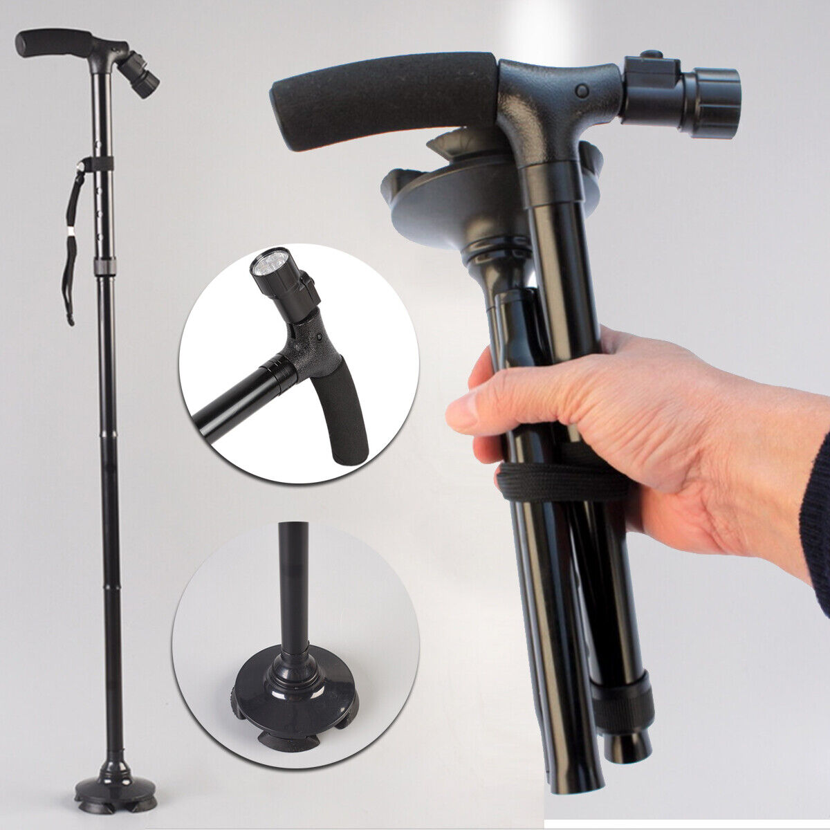Supports & Braces: Walking Stick Cane Folding Handle Adjustable fixed LED Light Aid Holder Lighting