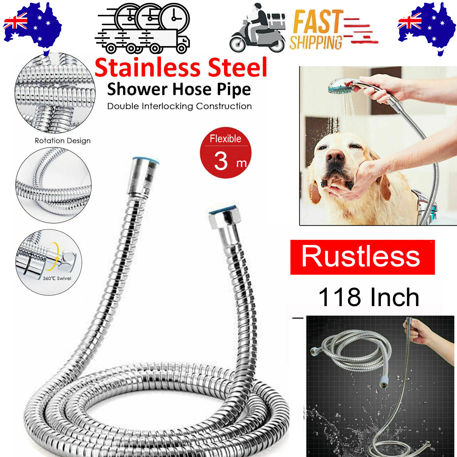 Shower Accessories: 3m Shower Head Hose Stainless Steel Bathroom Flexible Tube Replacement Pipe AU