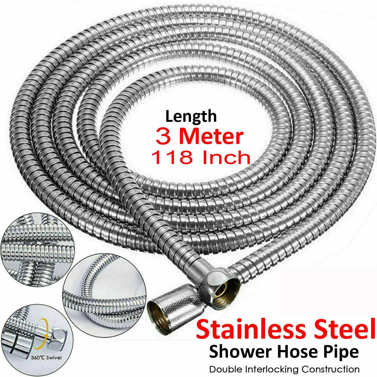 Shower Accessories: 3m Shower Head Hose Stainless Steel Bathroom Flexible Tube Replacement Pipe AU