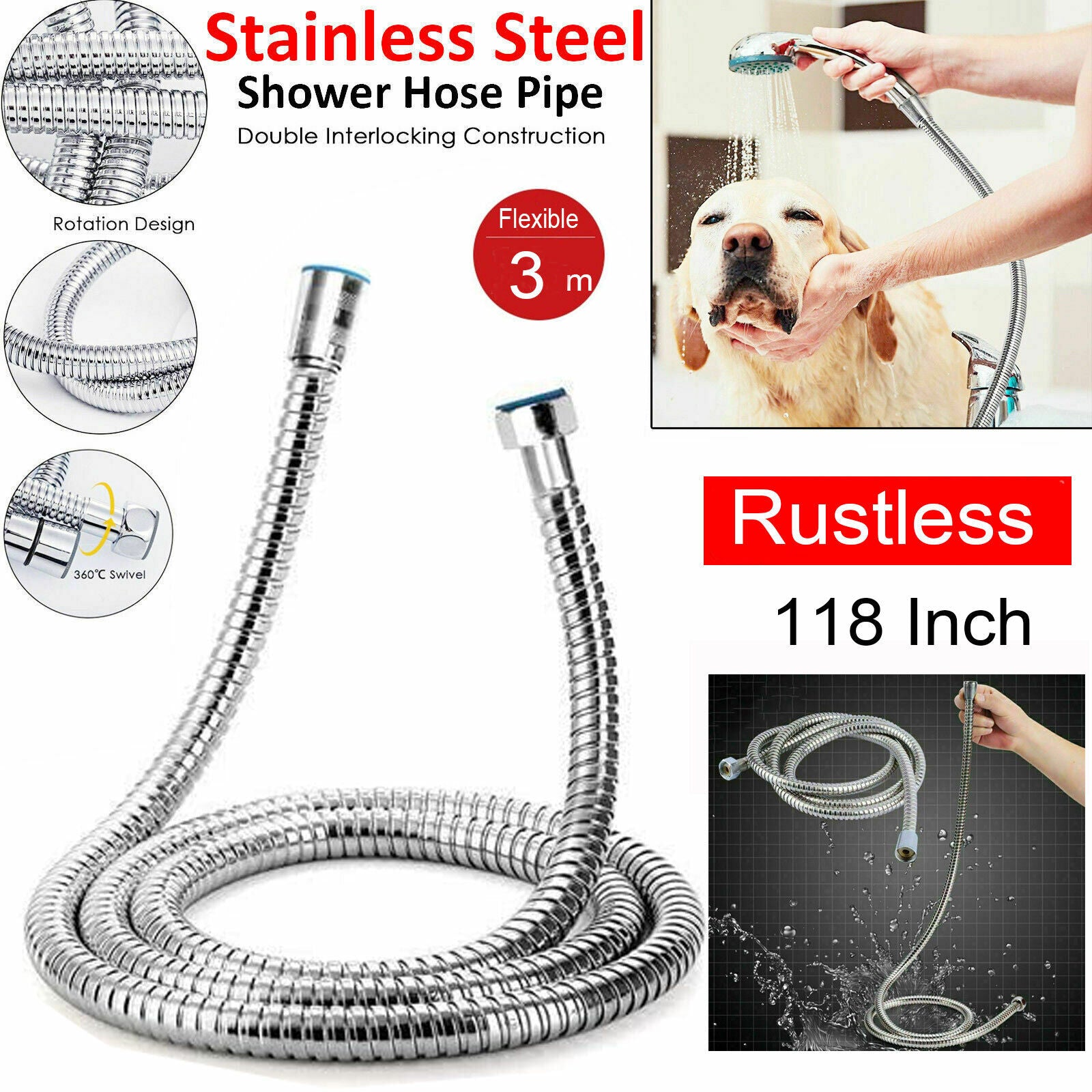 Shower Accessories: 3m Shower Head Hose Stainless Steel Bathroom Flexible Tube Replacement Pipe AU