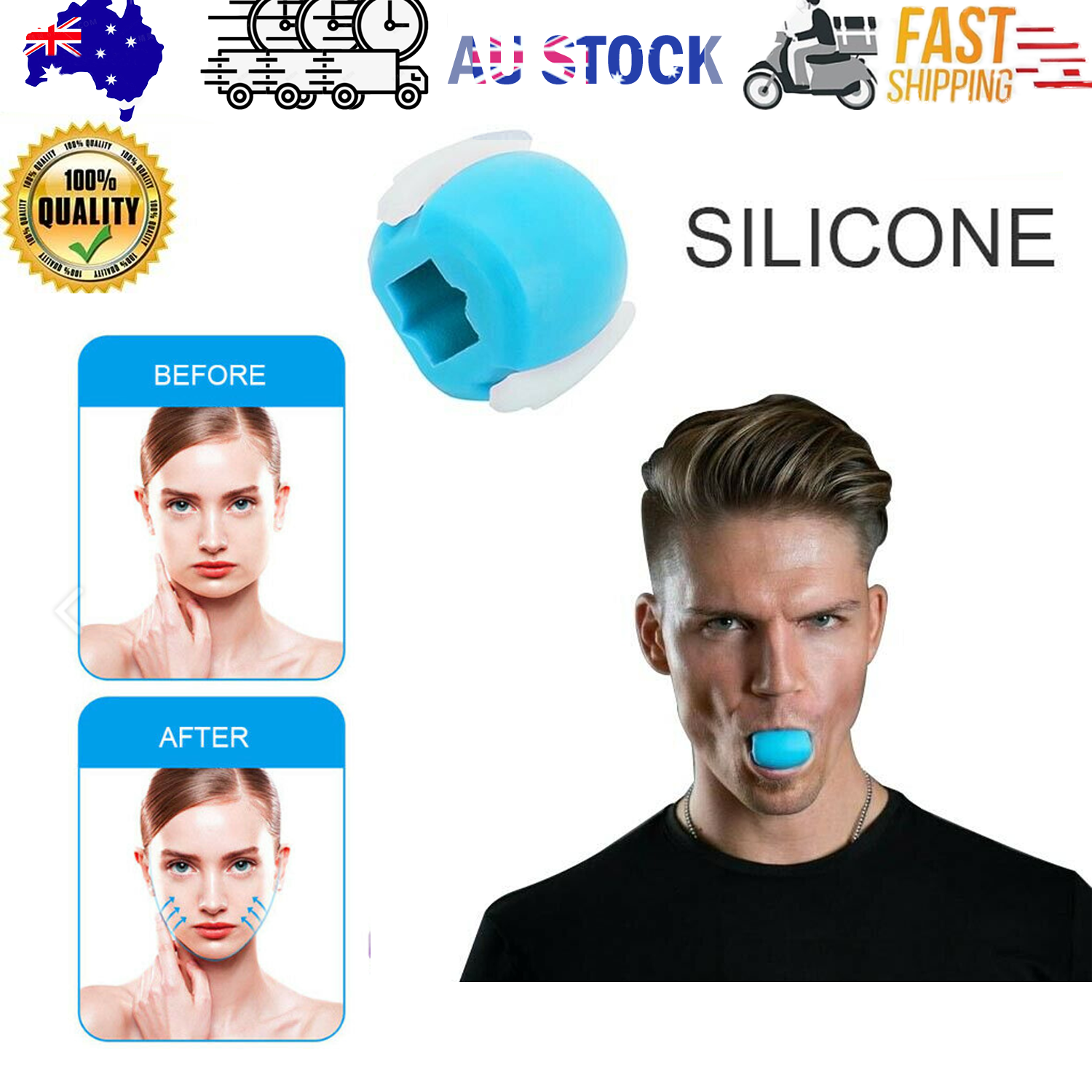 Gym Equipment & Accessories: Facial exerciser exercise ballneck toner3-stage mandibular exerciser jaw trainer Blue