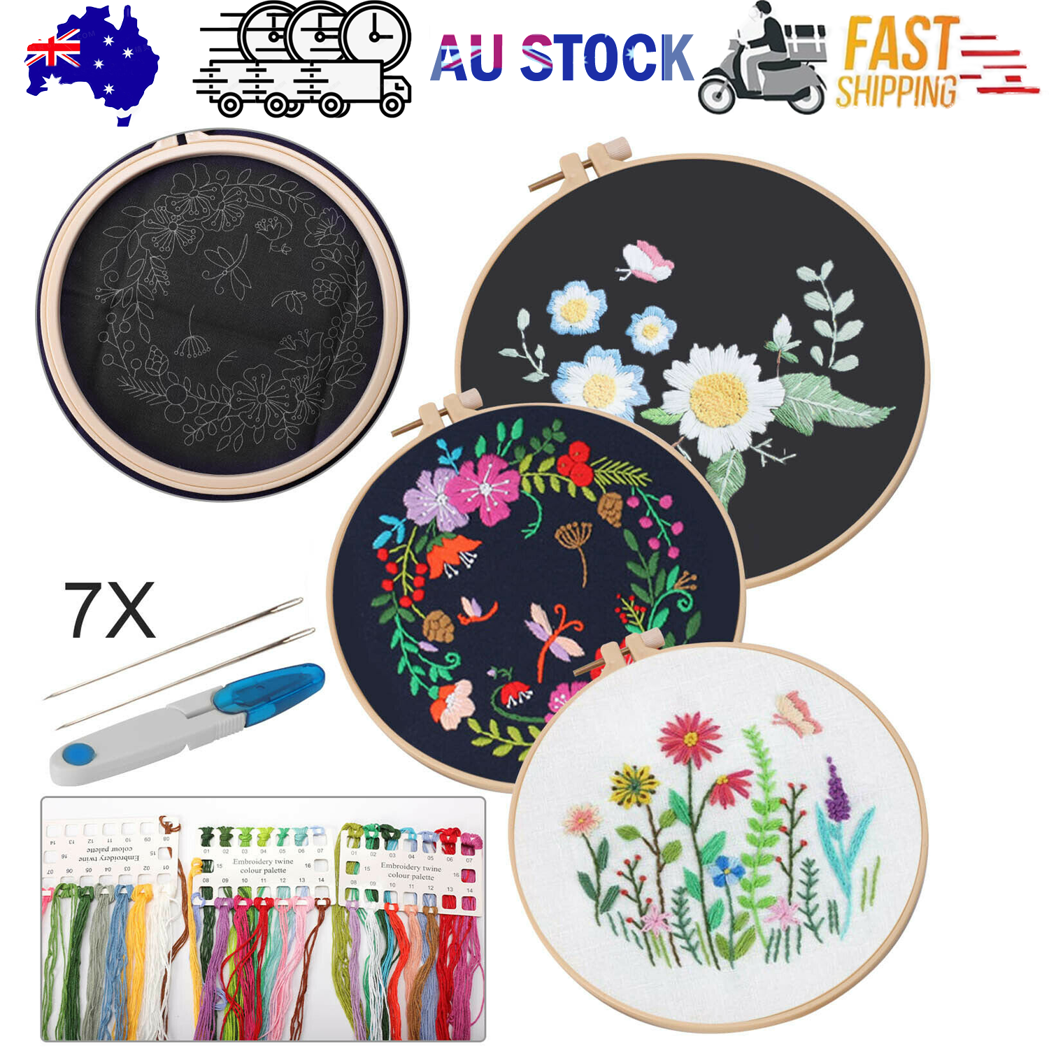 Novelty Gifts: Embroidery Beginners DIY Cross Stitch Kits Pre-Printed Floral Pattern With Hoop.
