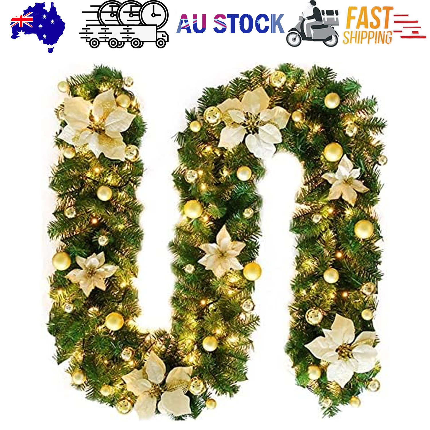 Christmas Decorations: 2.7M Christmas Garland with Lights Rattan Artificial Garland Green for Indoor Home Fireplace Stair Decorations-Gold