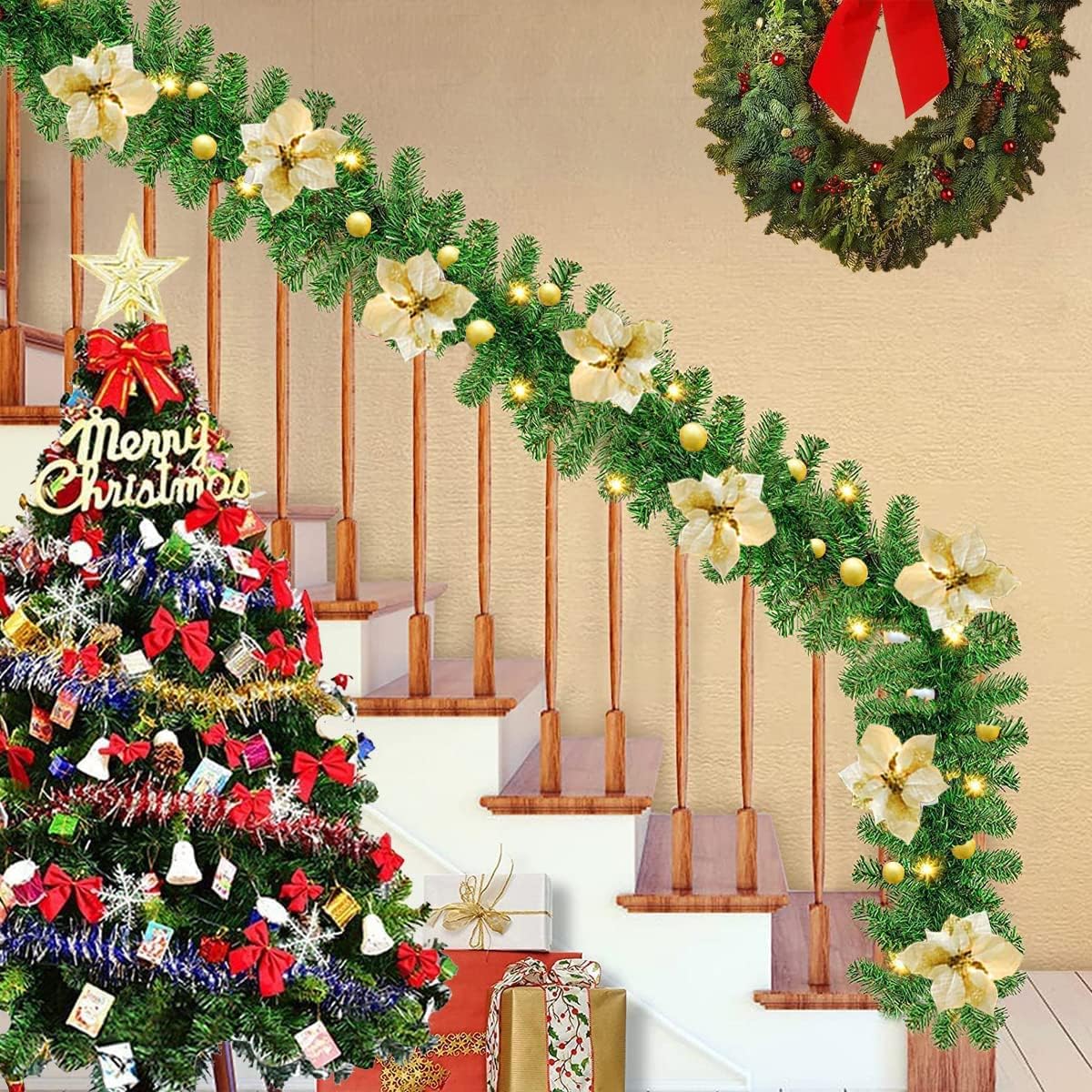 Christmas Decorations: 2.7M Christmas Garland with Lights Rattan Artificial Garland Green for Indoor Home Fireplace Stair Decorations-Gold