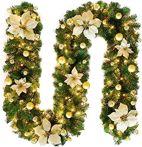 Christmas Decorations: 2.7M Christmas Garland with Lights Rattan Artificial Garland Green for Indoor Home Fireplace Stair Decorations-Gold
