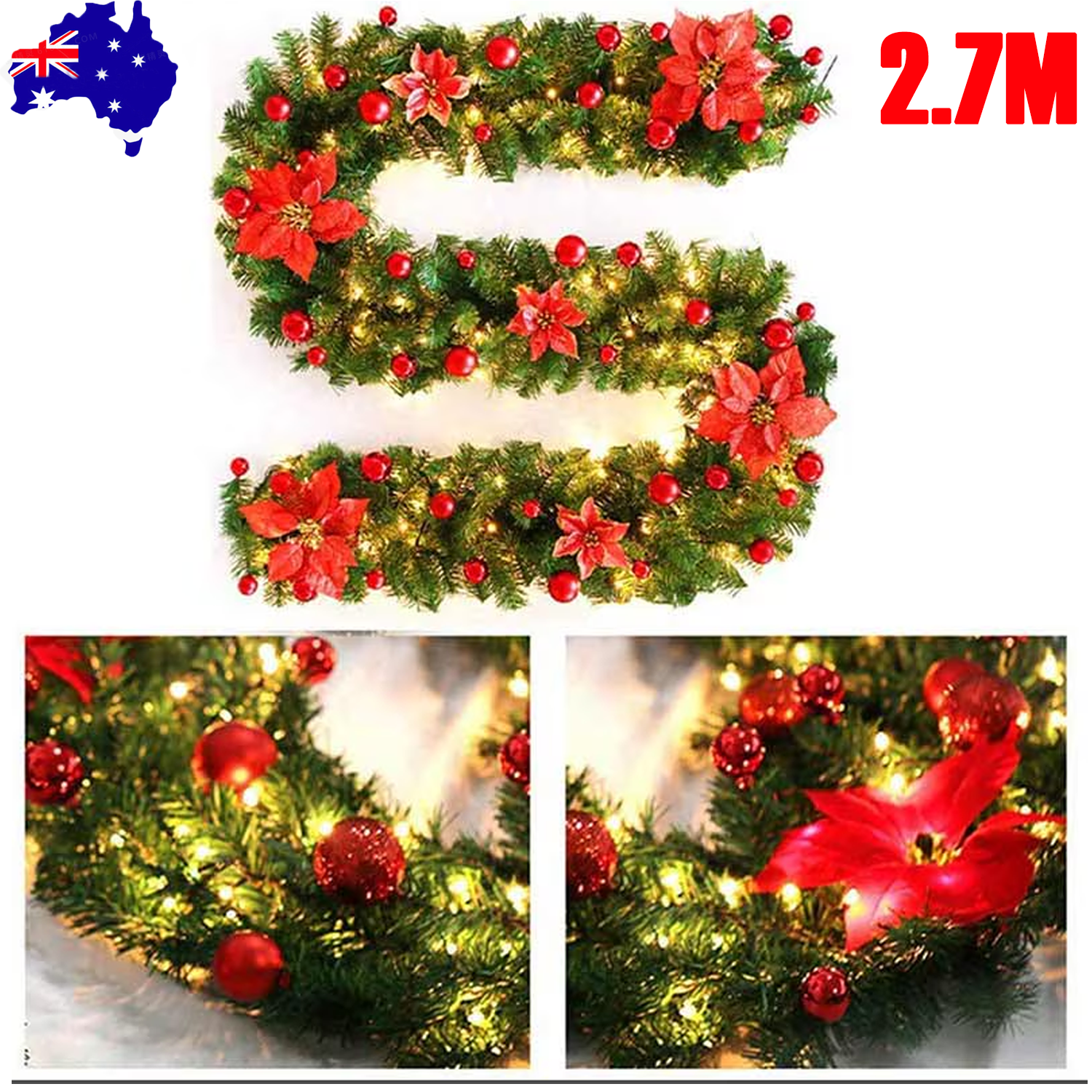 Christmas Decorations: 2.7M Christmas Garland with Lights Rattan Artificial Fireplace Wreath Stair Deco