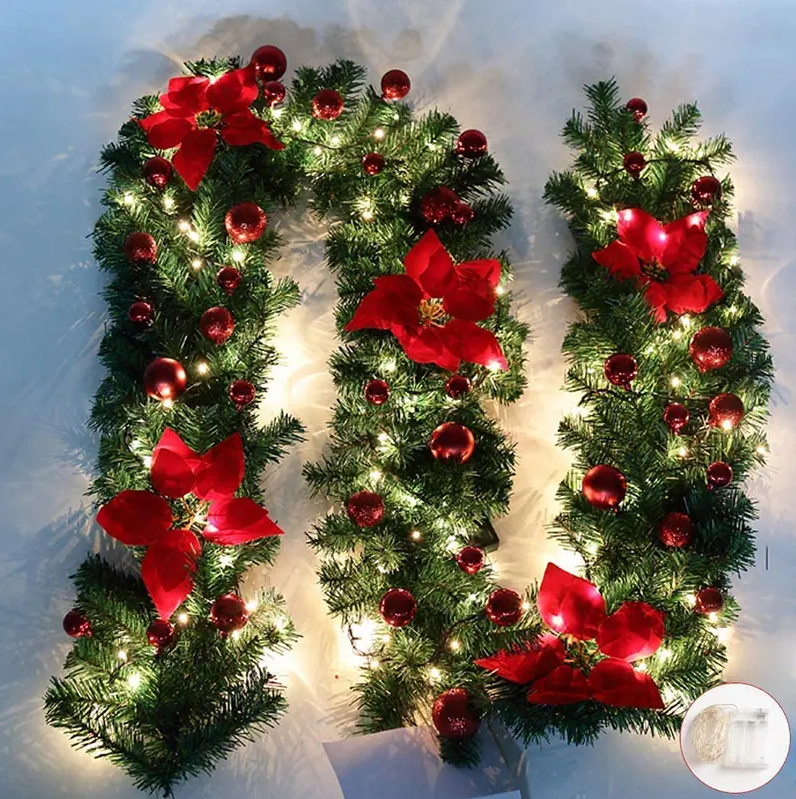 Christmas Decorations: 2.7M Christmas Garland with Lights Rattan Artificial Fireplace Wreath Stair Deco