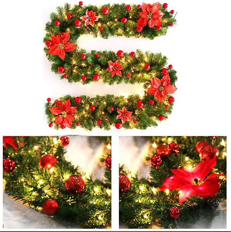 Christmas Decorations: 2.7M Christmas Garland with Lights Rattan Artificial Fireplace Wreath Stair Deco