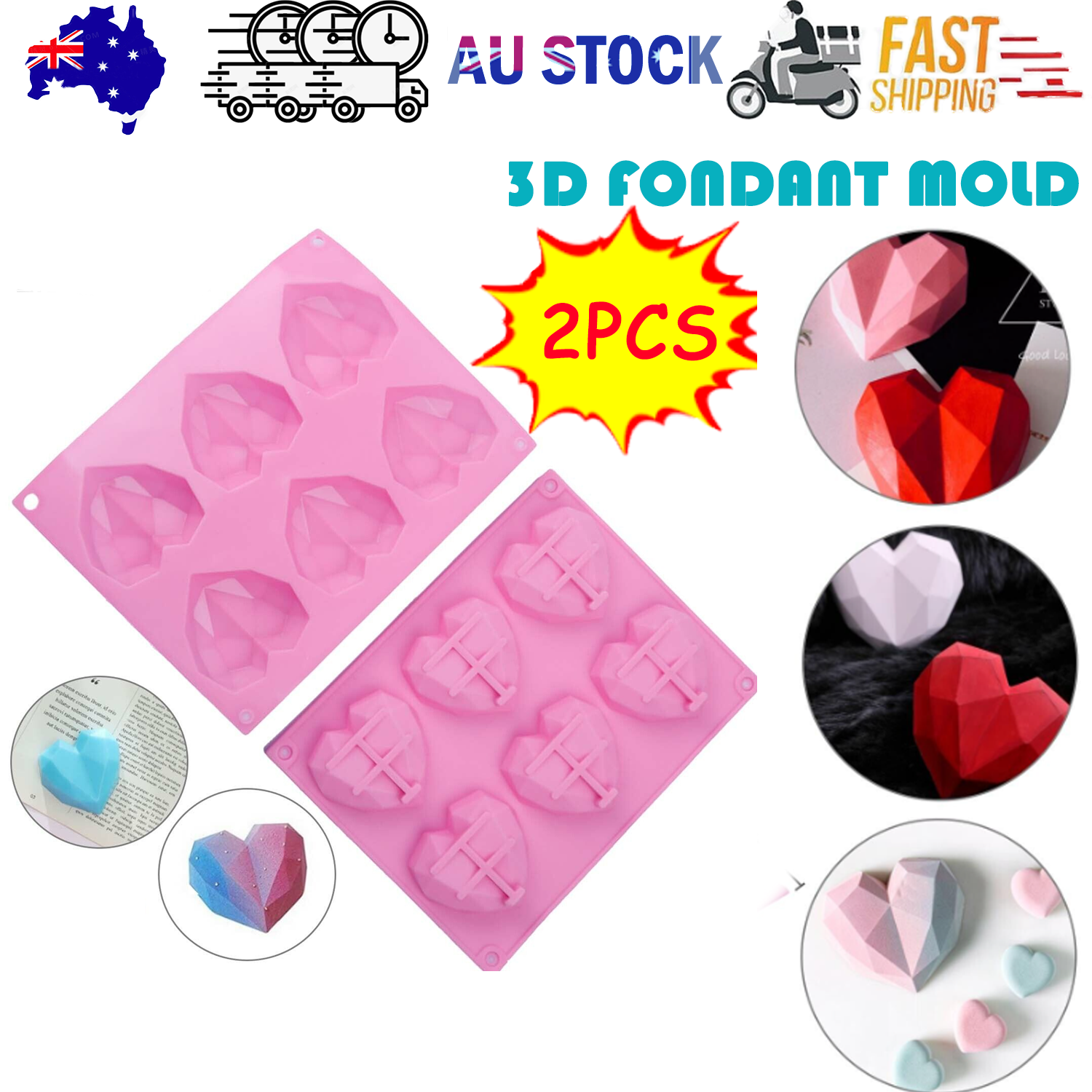 Kitchen Utensils: 2PCS DIY 3D Fondant Mold Silicone Heart Shape Candy Cake Chocolate Mould Sugar Craft