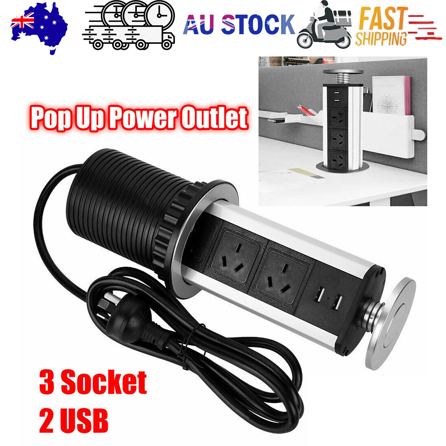 Office Supplies: Pop Up Power Point 3 Socket Plug + 2 USB Table Home Kitchen Desk Outlet