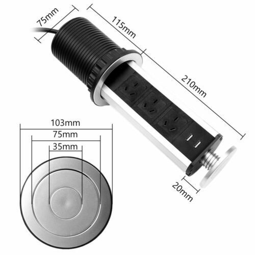 Office Supplies: Pop Up Power Point 3 Socket Plug + 2 USB Table Home Kitchen Desk Outlet