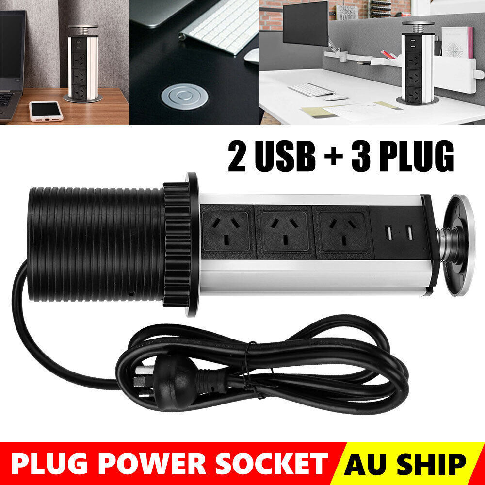 Office Supplies: Pop Up Power Point 3 Socket Plug + 2 USB Table Home Kitchen Desk Outlet