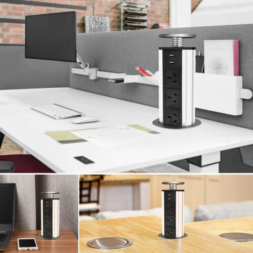 Office Supplies: Pop Up Power Point 3 Socket Plug + 2 USB Table Home Kitchen Desk Outlet