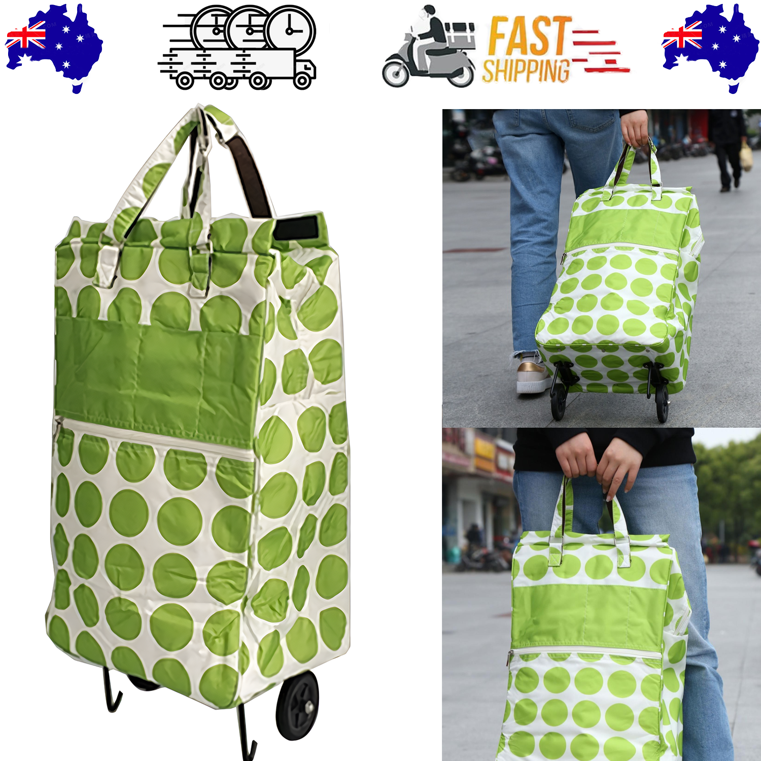 Packing Organisers: Shopping Trolley Cart Bag Foldable Wheels Carts Bags Market Luggage Basket green circle