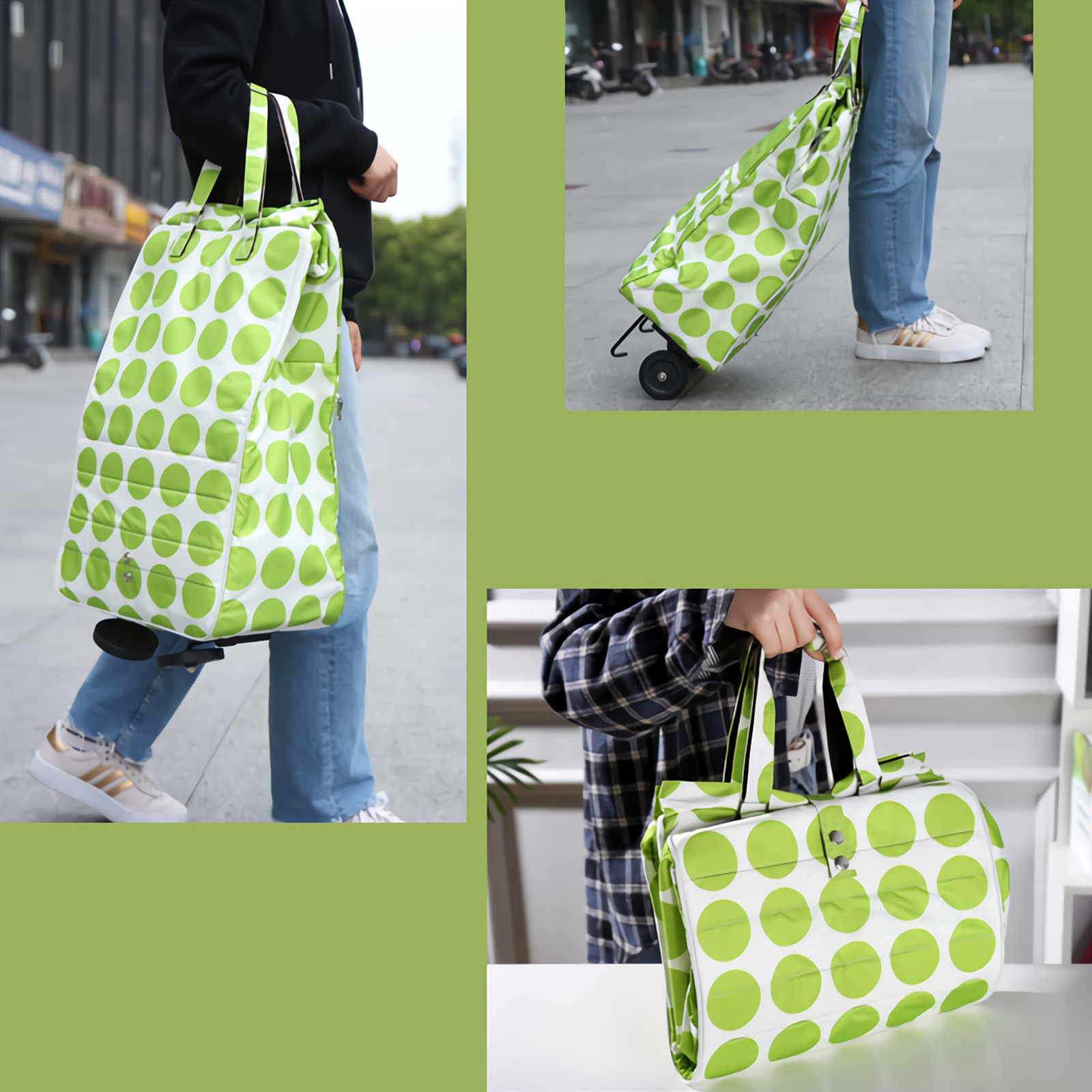 Packing Organisers: Shopping Trolley Cart Bag Foldable Wheels Carts Bags Market Luggage Basket green circle