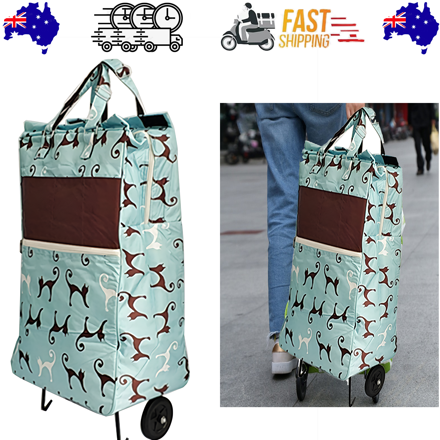 Packing Organisers: Shopping Trolley Cart Bag Foldable Wheels Carts Bags Market Luggage Basket sky blue cat