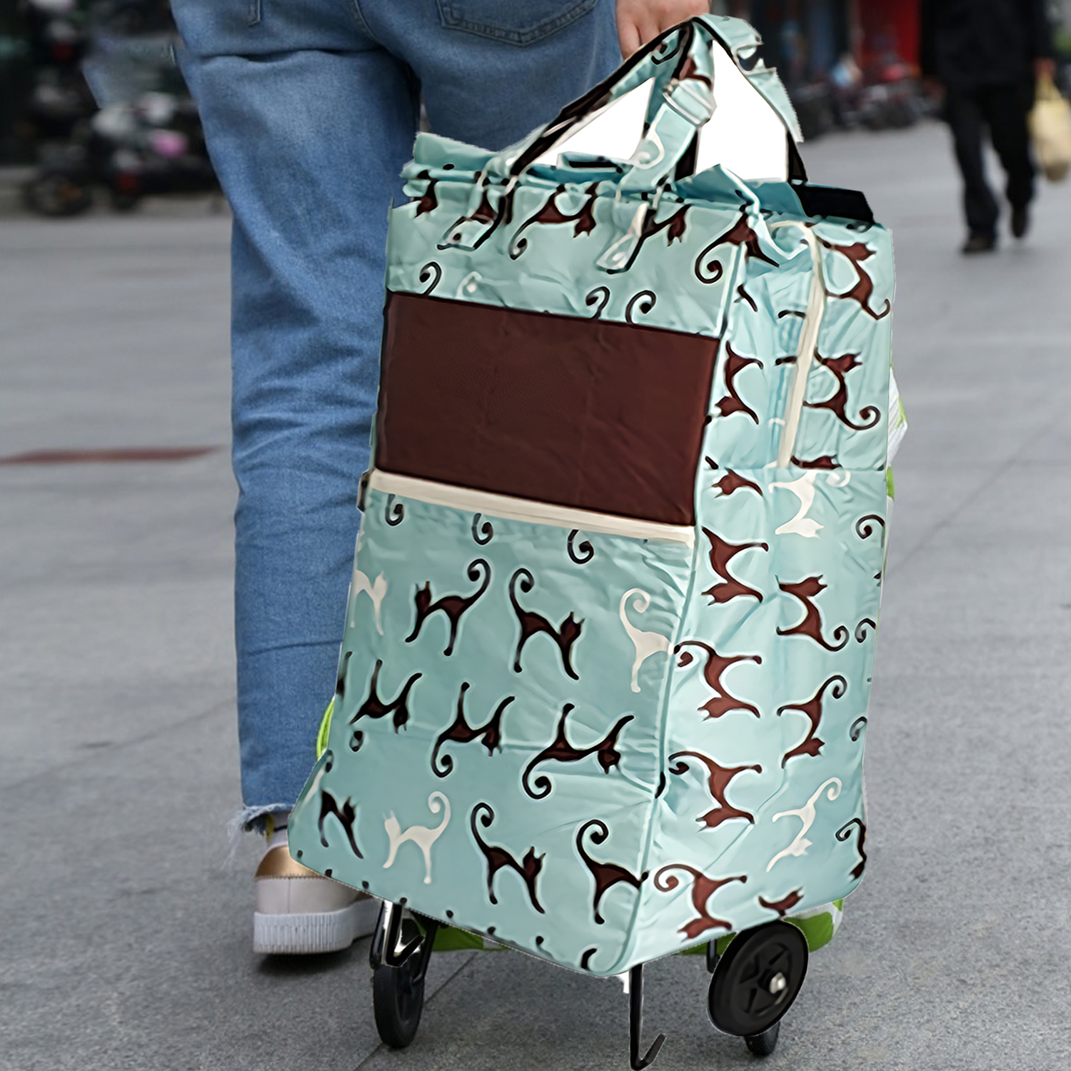 Packing Organisers: Shopping Trolley Cart Bag Foldable Wheels Carts Bags Market Luggage Basket sky blue cat