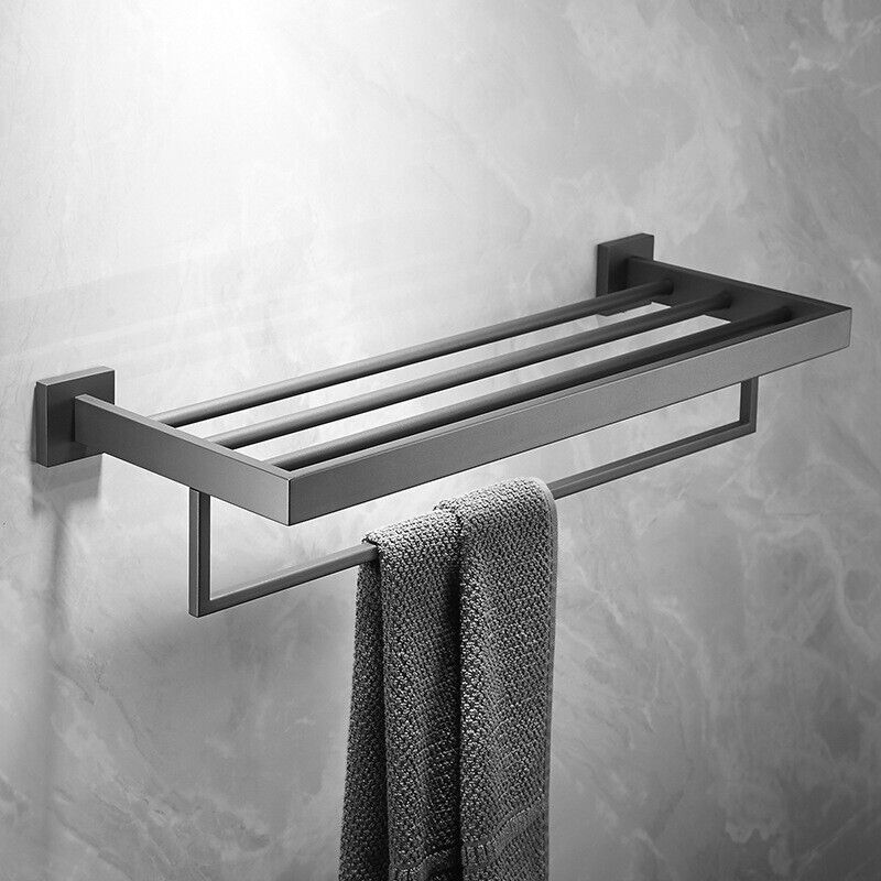 Shower Accessories: 600mm 2 Layers Towel Shelf Storage Bath Stainless Steel Rack Rail Black