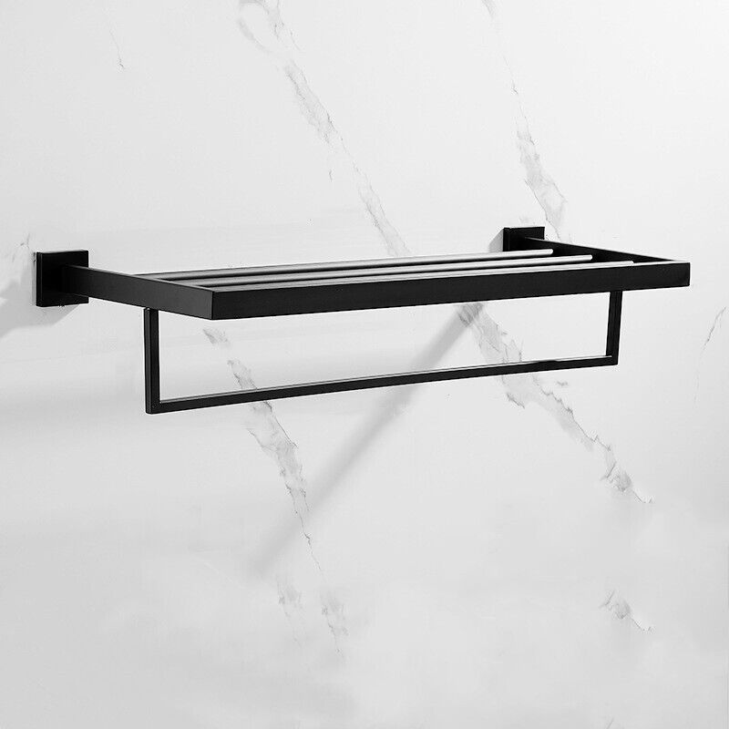 Shower Accessories: 600mm 2 Layers Towel Shelf Storage Bath Stainless Steel Rack Rail Black