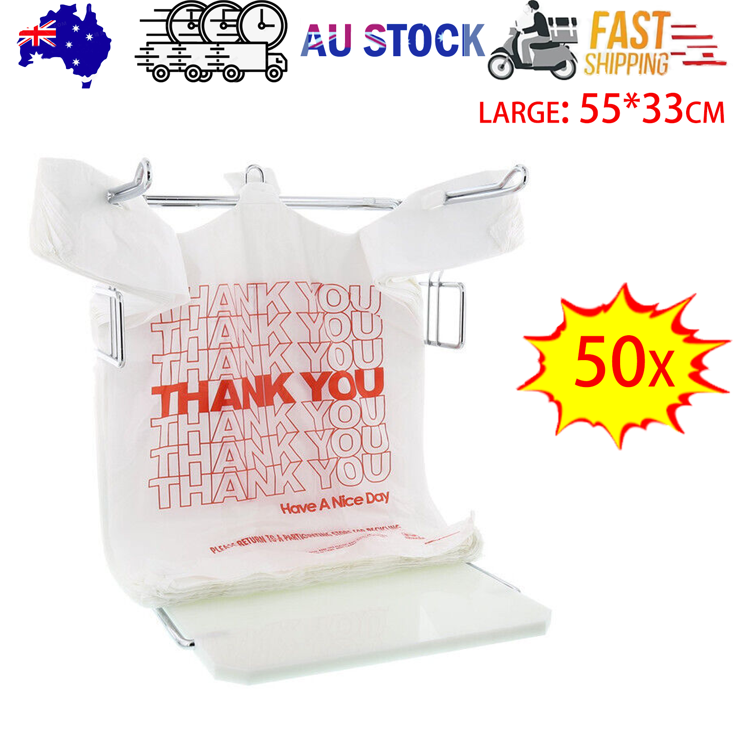 Gift Bags: 50X Plastic Shopping Bags - Reusable Recyclable Singlet Eco Grocery Carry Bag large