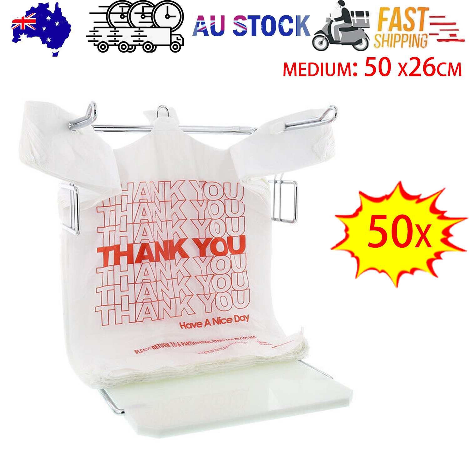 Gift Bags: 50X Plastic Shopping Bags - Reusable Recyclable Singlet Eco Grocery Carry Bag Medium