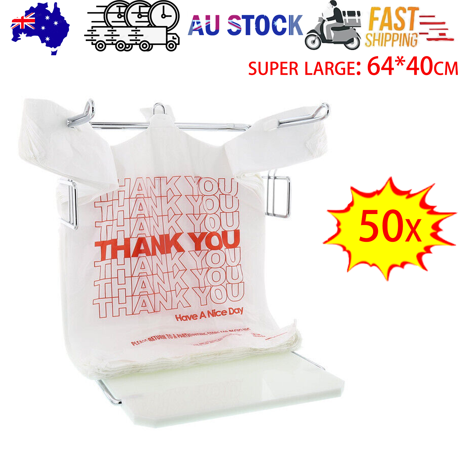 Gift Bags: 50X Plastic Shopping Bags - Reusable Recyclable Singlet Eco Grocery Carry Bag Super Large