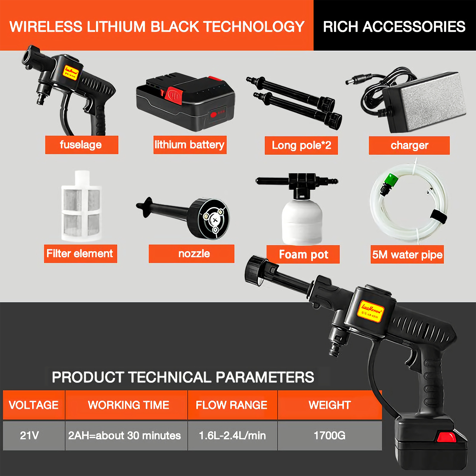 Automotive Cleaning: High Pressure Washer  3 in 1 Nozzle Portable Cordless Cleaner Battery Set 21V