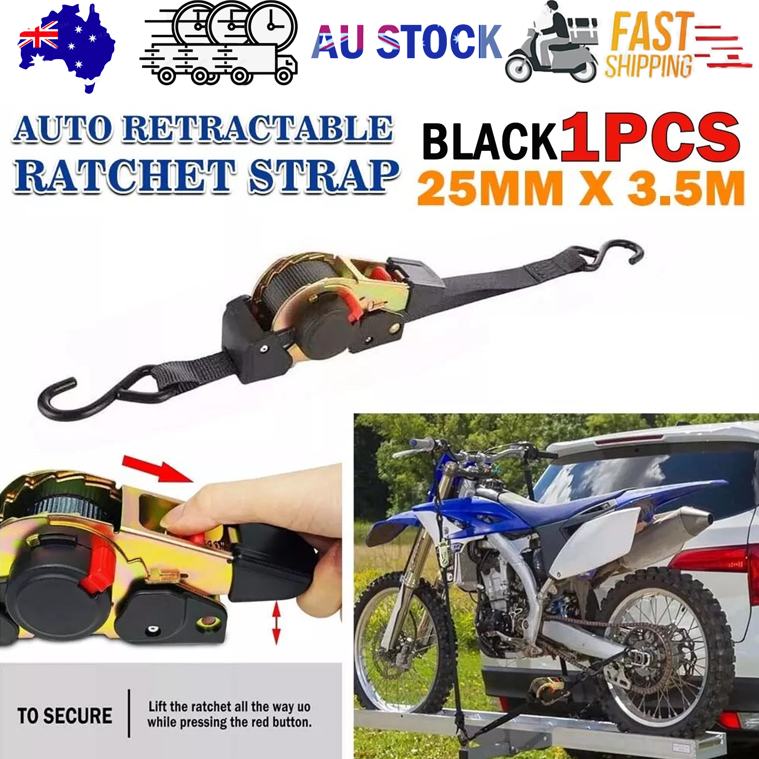 Automotive Repair & Speciality Tools: Quick Release Automatic Heavy Duty Retractable Ratchet Tie Down Strap black 25mm*3m