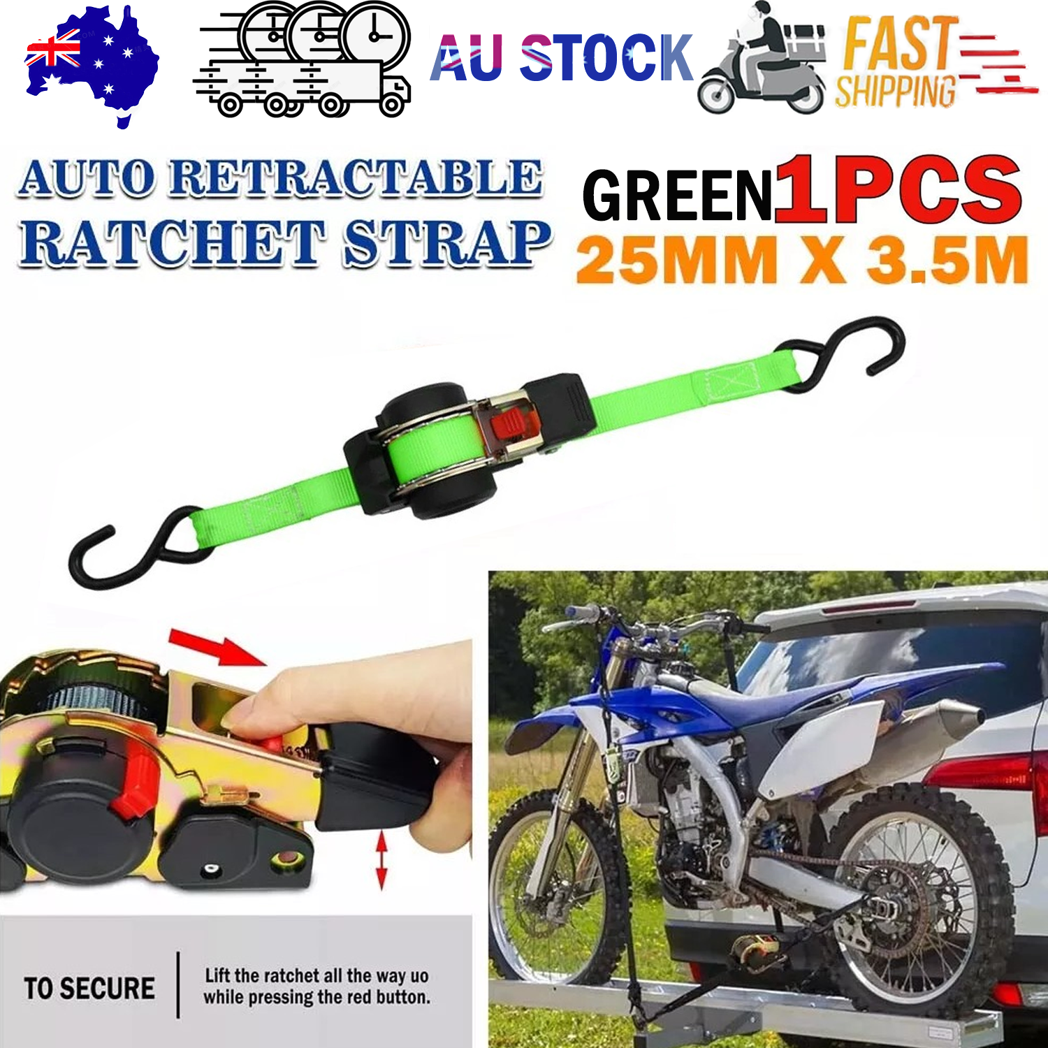 Automotive Repair & Speciality Tools: Quick Release Automatic Heavy Duty Retractable Ratchet Tie Down Strap green 25mm*3m