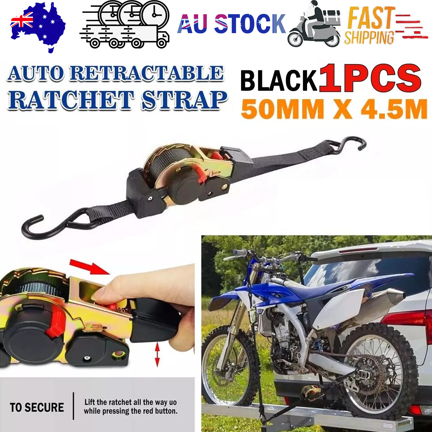 Automotive Repair & Speciality Tools: Quick Release Automatic Heavy Duty Retractable Ratchet Tie Down Strap black 50mm*4.5m
