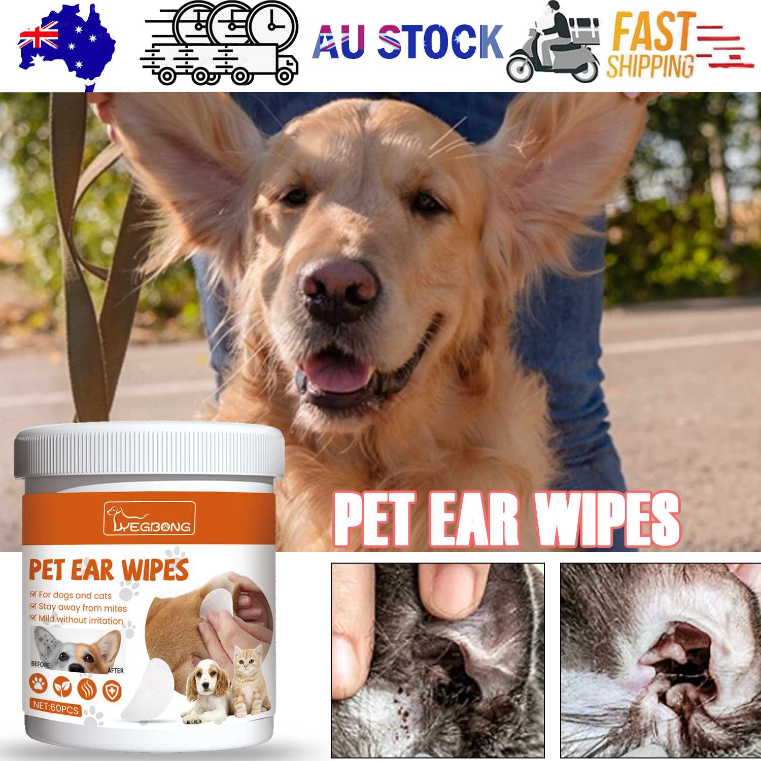 Pet Cleaning Supplies: Yegbong Pet Ear Wipes, Pet Ear Cleaning Deodorizing Removing Mite And Earwax Cleaning Wipes
