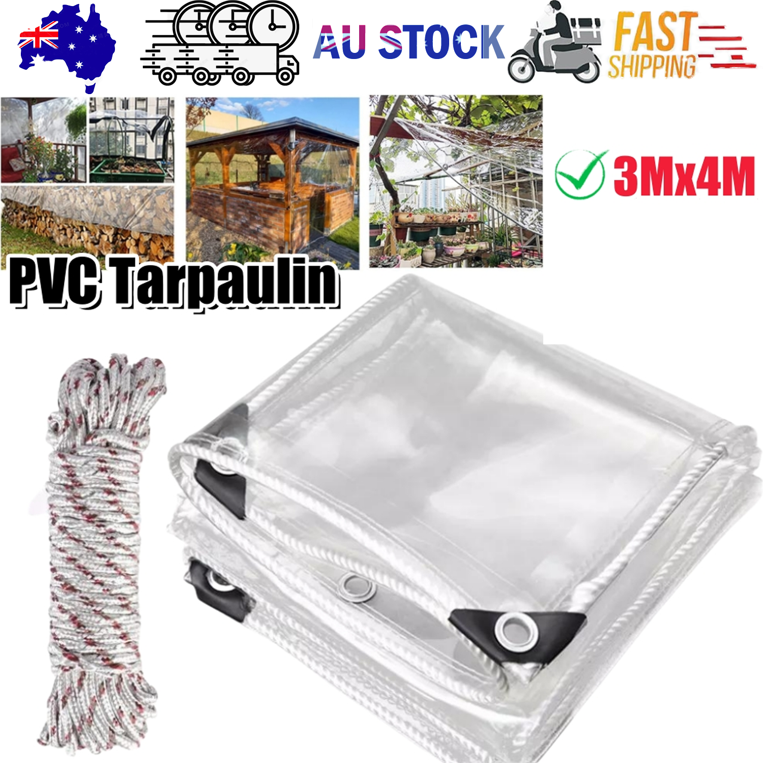 Canopies & Gazebos: 420GSM Heavy Duty Clear PVC Tarpaulin Cloth Transparent Tarps Grommets 3X4M