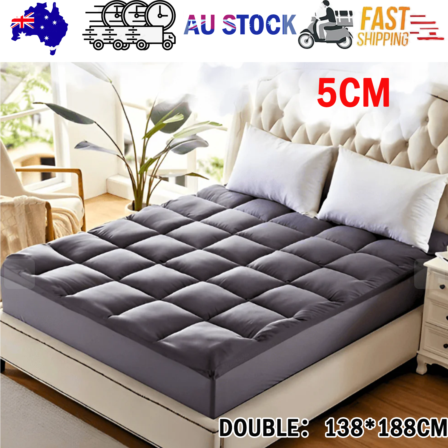 Mattress Toppers: 5CM Bedding Luxury Pillowtop Mattress Topper Mat Pad Antibacterial and dust mite-resistant Double:138*188cm
