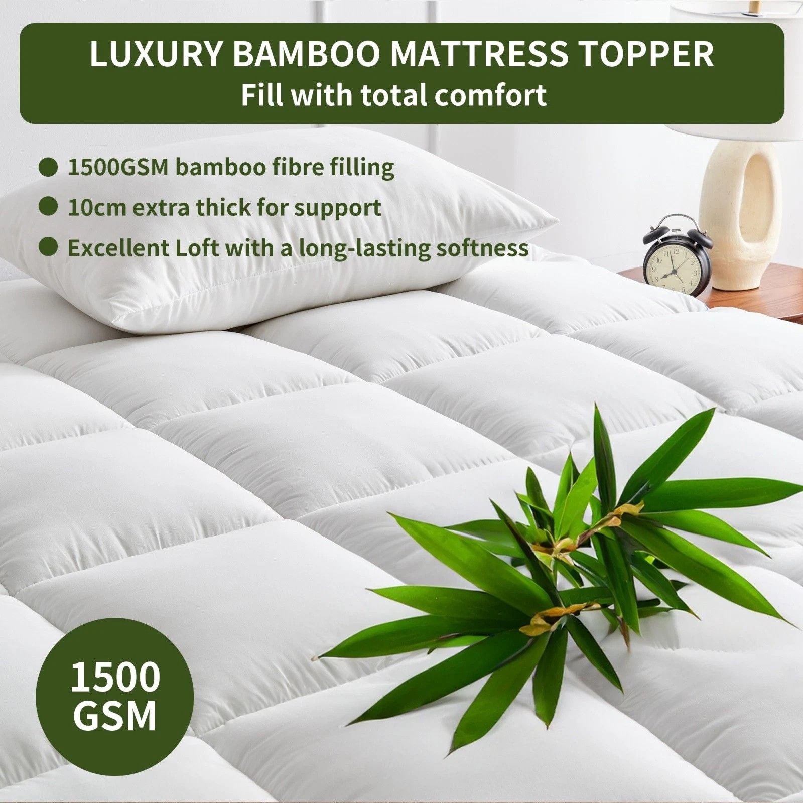 1500GSM Bamboo Mattress Topper Extra Thick 10CM Bed Topper King: 180 x 203 + 40 cm