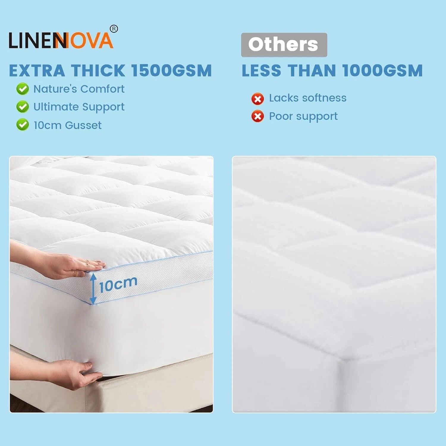 1500GSM Bamboo Mattress Topper Extra Thick 10CM Bed Topper super King: 203 x 203 + 40 cm