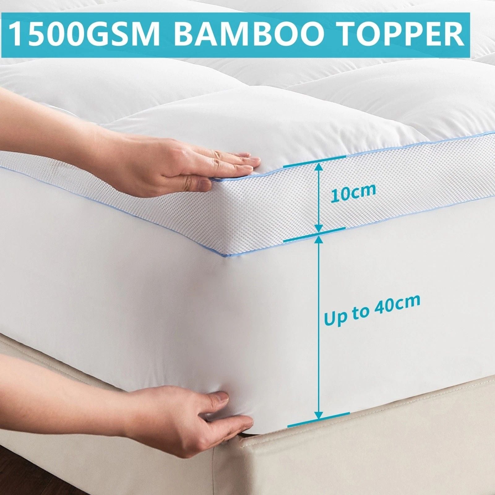 1500GSM Bamboo Mattress Topper Extra Thick 10CM Bed Topper super King: 203 x 203 + 40 cm