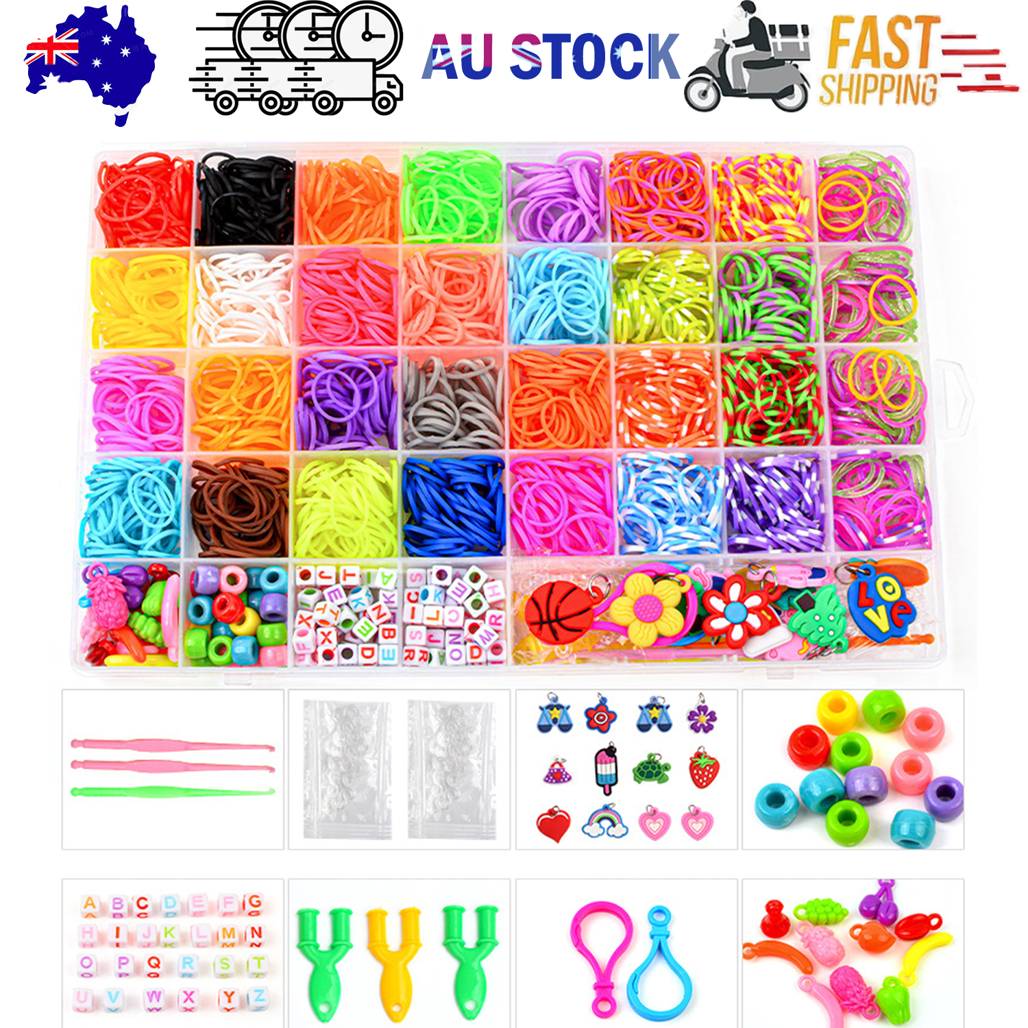 Novelty Gifts: 40Grids Rainbow Loom Bands Rubber Bracelet Making Kit S Clips Beads DIY Toys