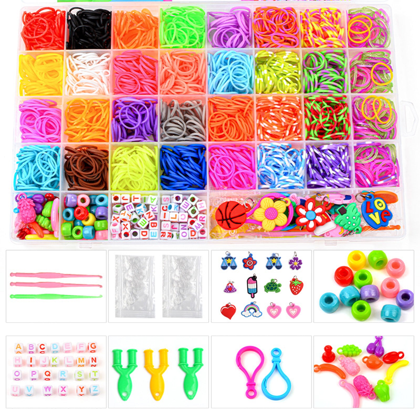 Novelty Gifts: 40Grids Rainbow Loom Bands Rubber Bracelet Making Kit S Clips Beads DIY Toys
