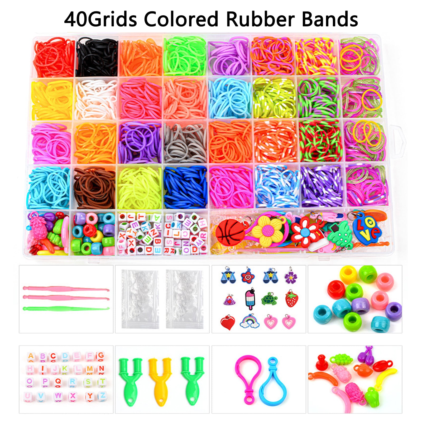Novelty Gifts: 40Grids Rainbow Loom Bands Rubber Bracelet Making Kit S Clips Beads DIY Toys