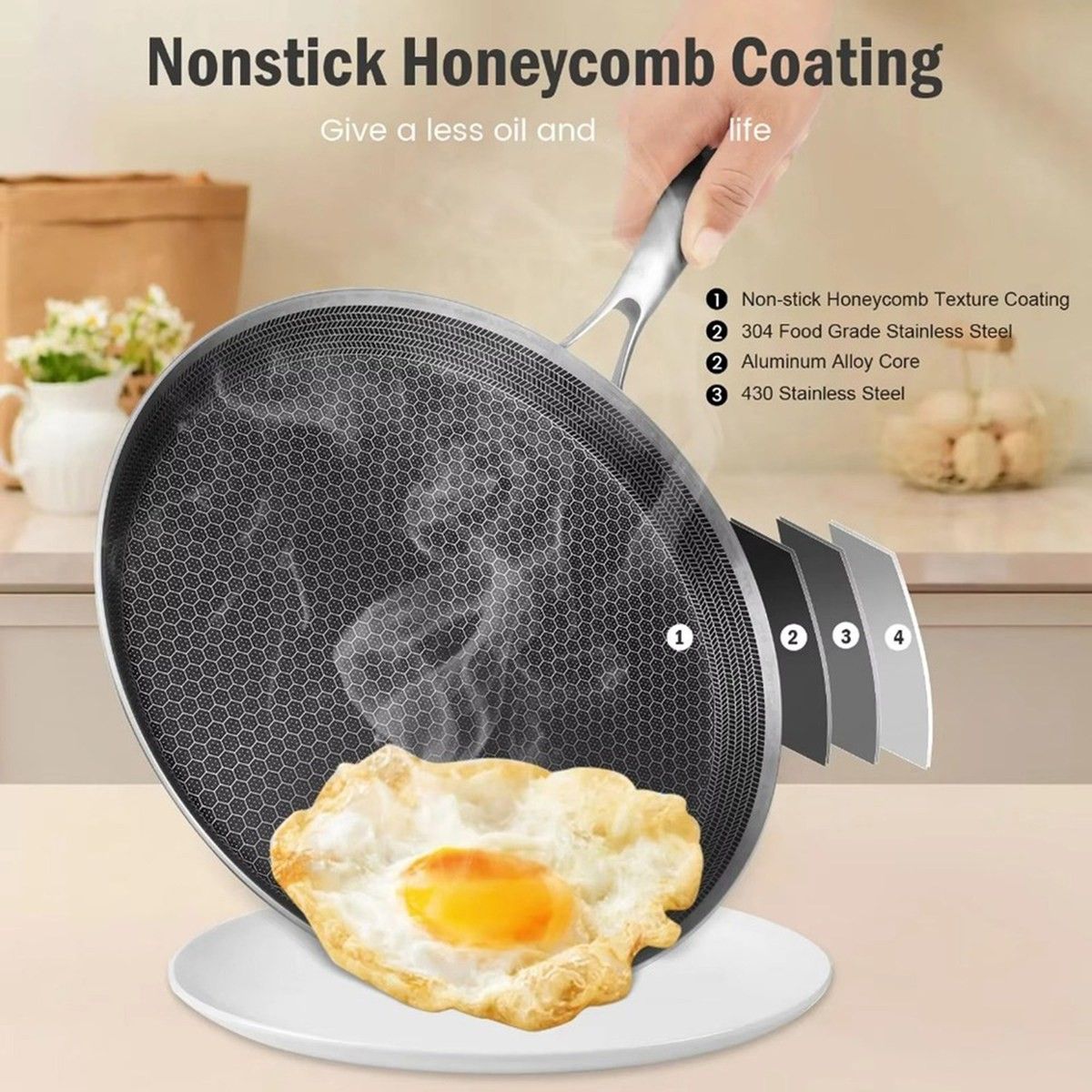 26cm Stainless Steel Crepe Pan Non-Stick Pan Honeycomb Coating Frying Pan Pizza6299