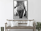 Wall Art 80cmx120cm Woman Drinking Wine , Black and White, Black Frame Canvas