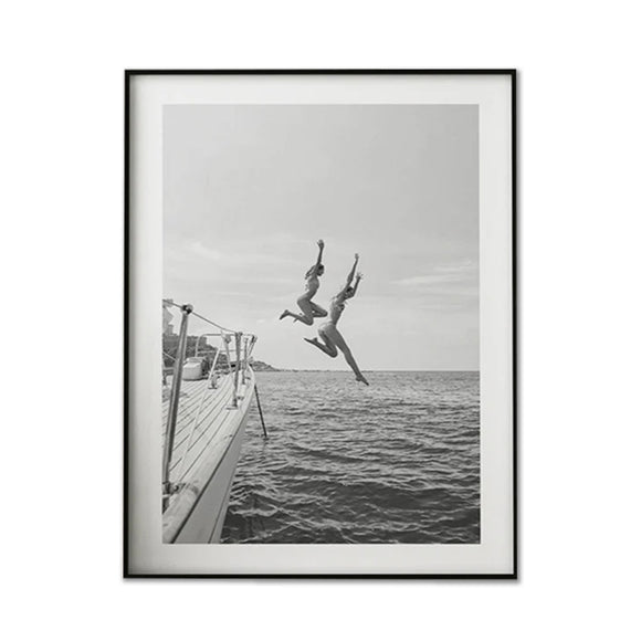 Wall Art 80cmx120cm Black and White Ocean Jump, Black Frame Canvas