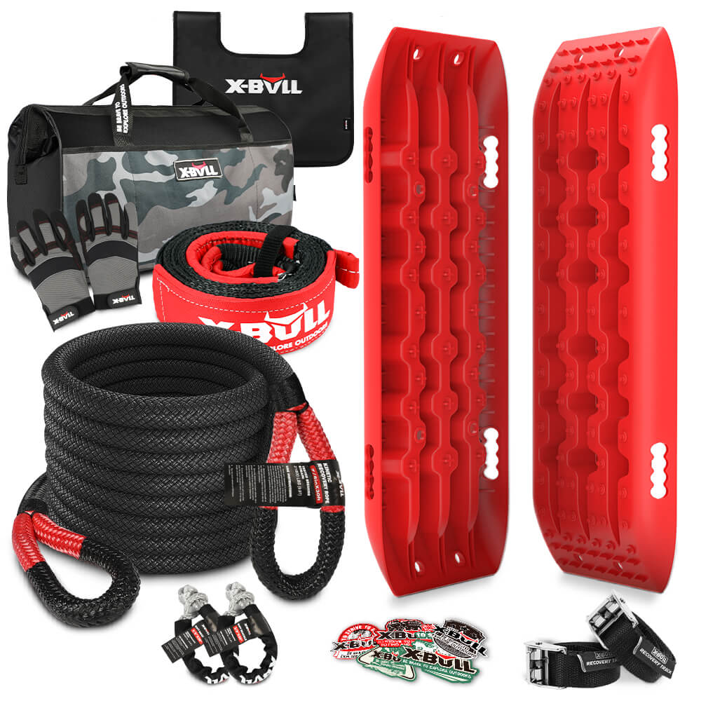 4WD Recovery Tools: X-BULL Recovery Kit Kinetic Recovery Rope With 2PCS Recovery Tracks Gen2.0 Red