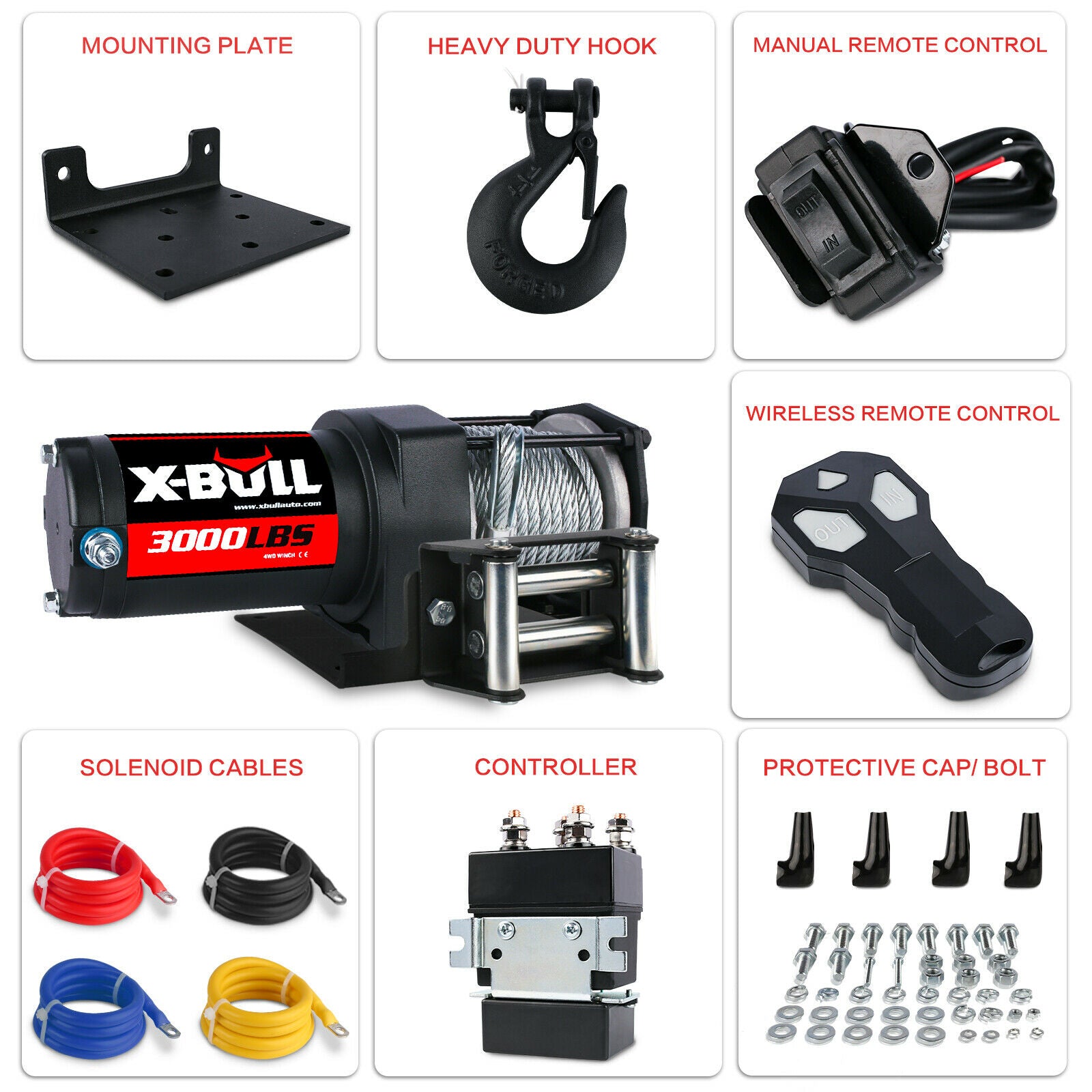 Automotive Parts: X-BULL Electric Winch 12V 3000LBS Steel Cable Wireless remote ATV UTV Boat Trailer