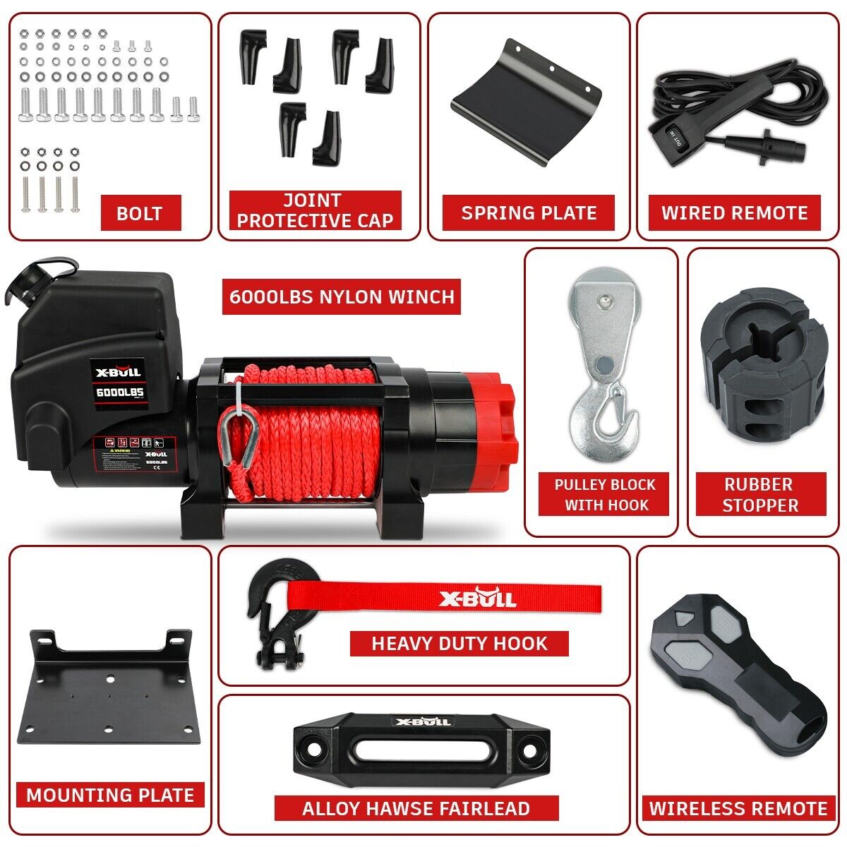 Boating Accessories: X-BULL Electric Winch 12V 6000LBS Synthetic Rope Wireless remote ATV UTV Boat Trailer 4WD