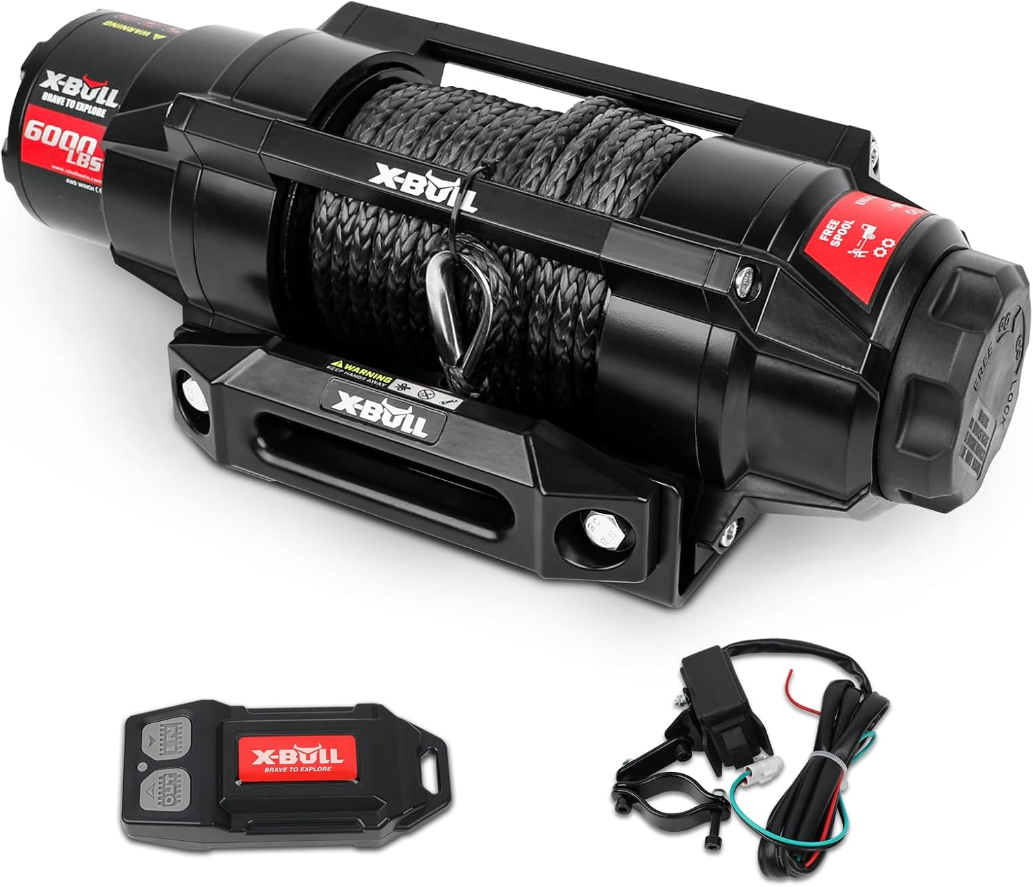 Boating Accessories: X-BULL 6000lbs Electric Winch 12V Synthetic Rope Towing Trailer ATV UTV BOAT Upgraded version