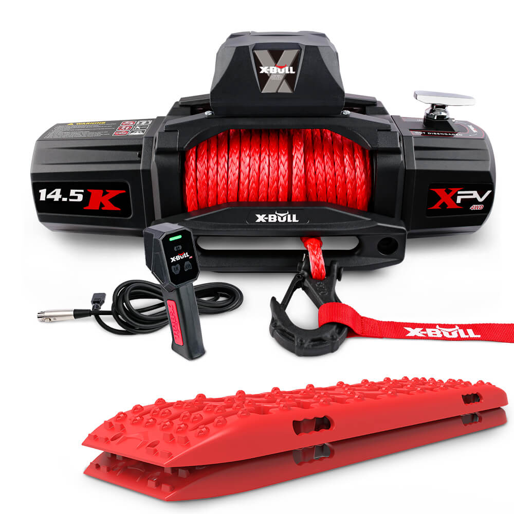 Automotive Lifts & Hoists: X-BULL 14500LBS Electric Winch 12V synthetic rope with Recovery Tracks Gen3.0 Red