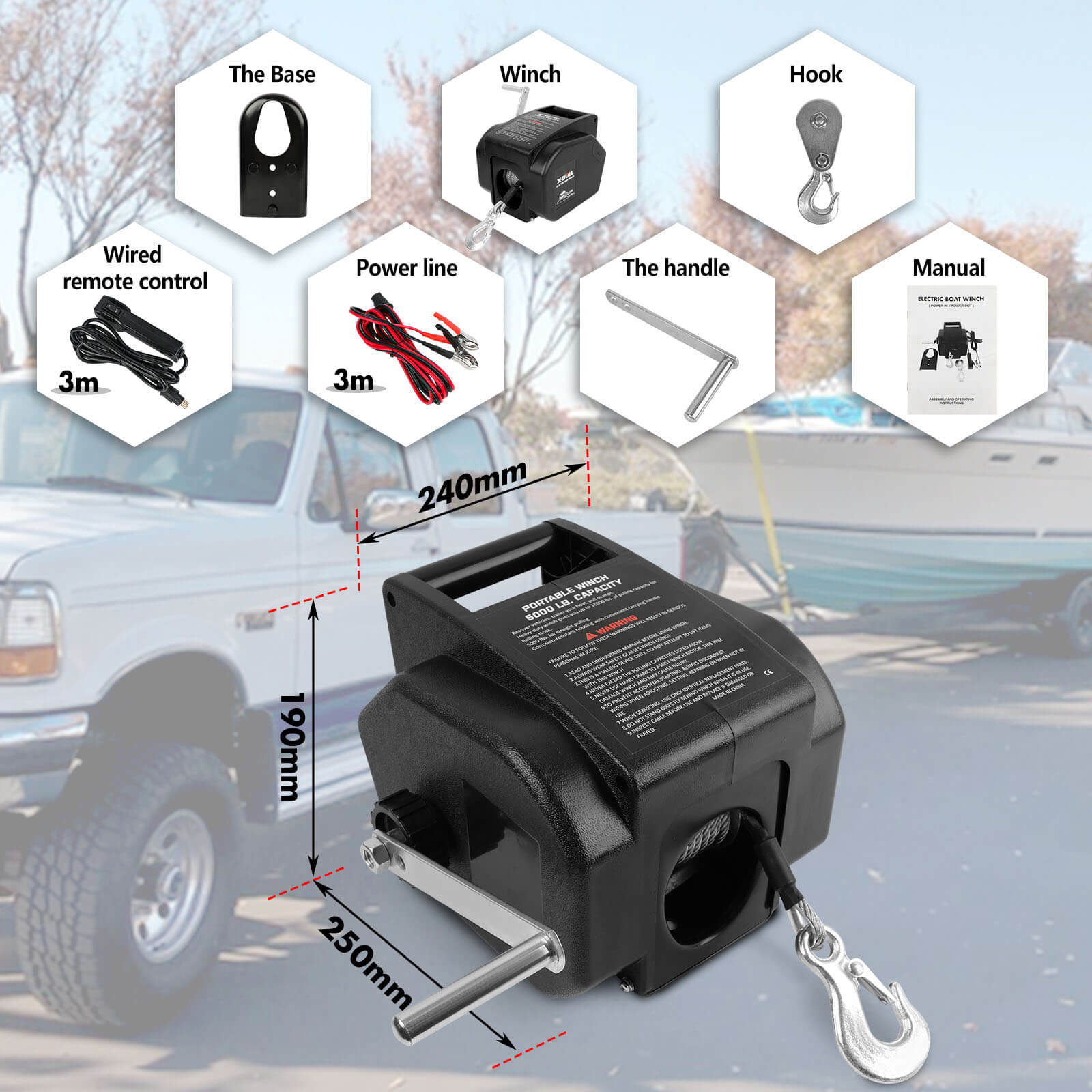 Boating Accessories: X-BULL 5000LBS Electric Boat Winch 12V Portable Detachable Marine Ship Trailer Winch
