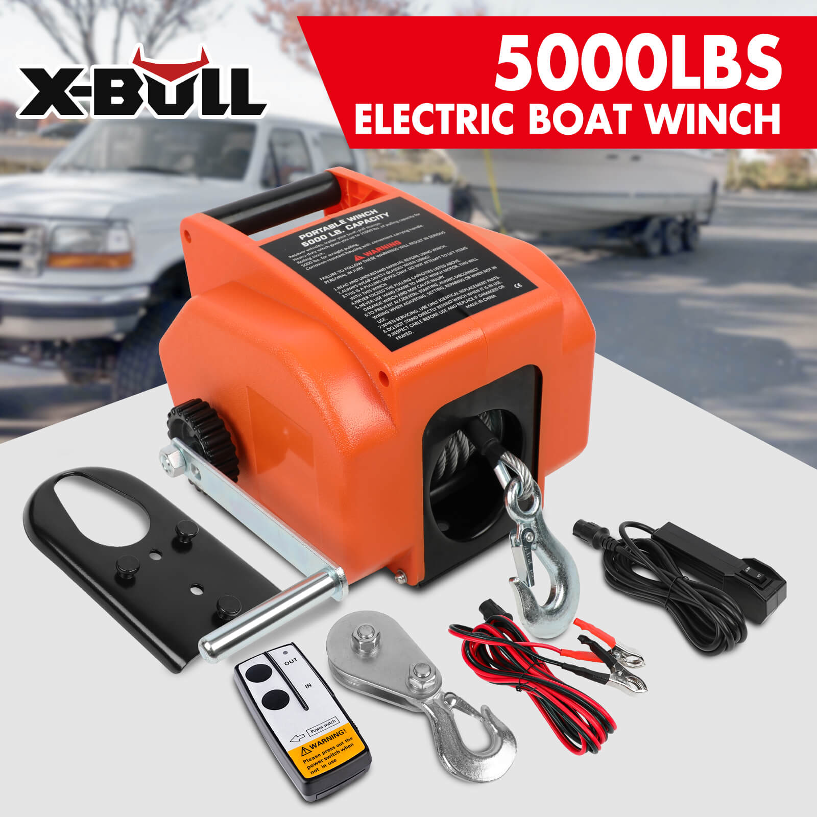 Automotive Parts: X-BULL 12V Electric Boat Winch 5000LBS Portable Wireless Remote Trailer Winch Steel Cable